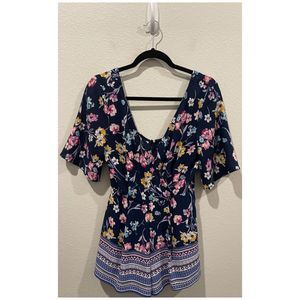BLUE RAIN Navy Blue Multicolor Floral Short Sleeve V-Neck Romper